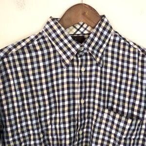 Tailorbyrd Preppy Cotton Plaid Button Up Shirt blue white green long sleeves LT